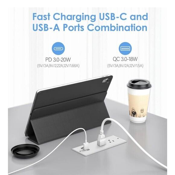 Recessed Power Strip Furniture Flush Mount Outlet with USB for Desktop Open Box - Picture 1 of 4